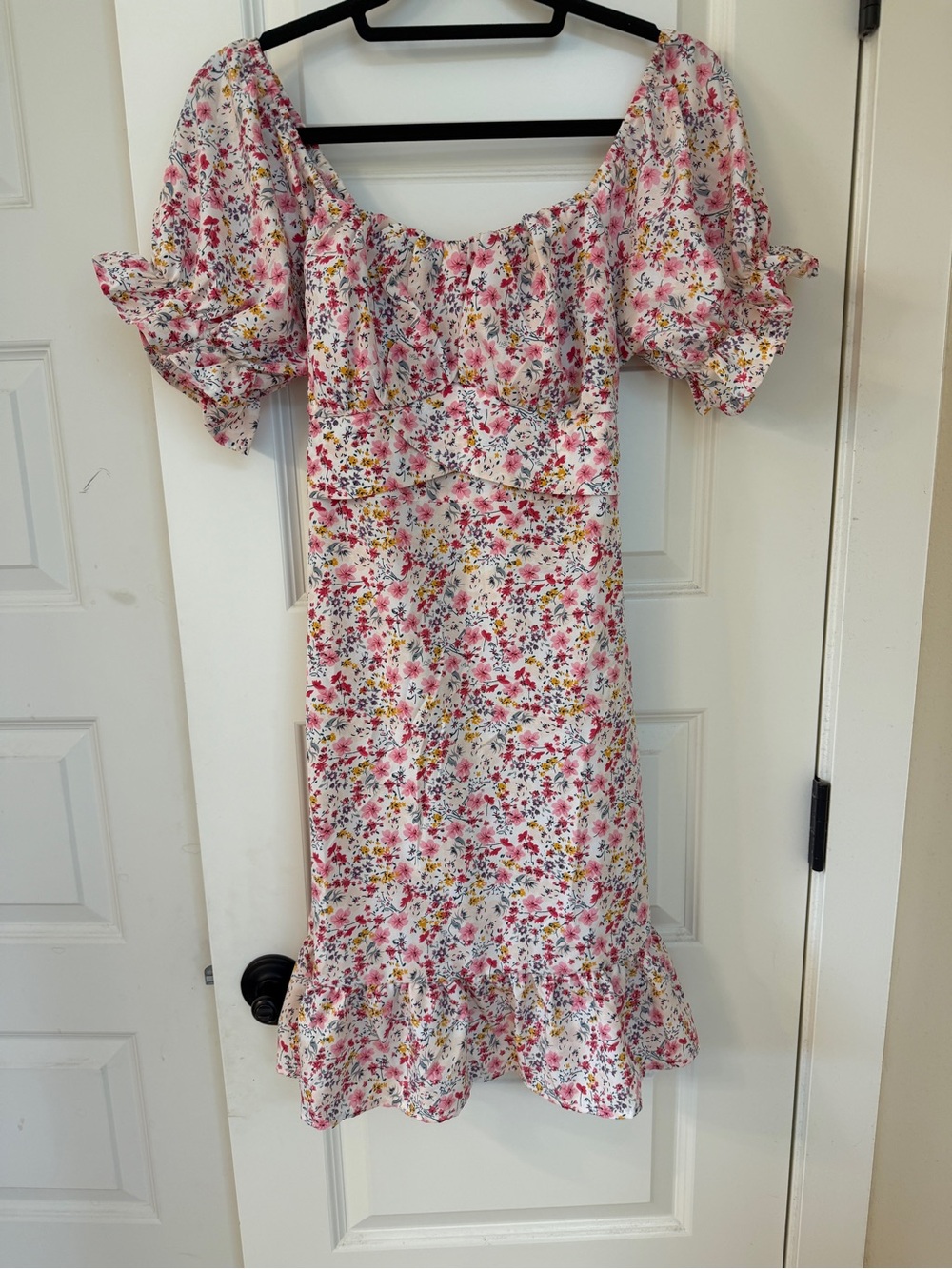 Floral Puff Sleeve Ruffle Hem Midi Dress - Pink Floral